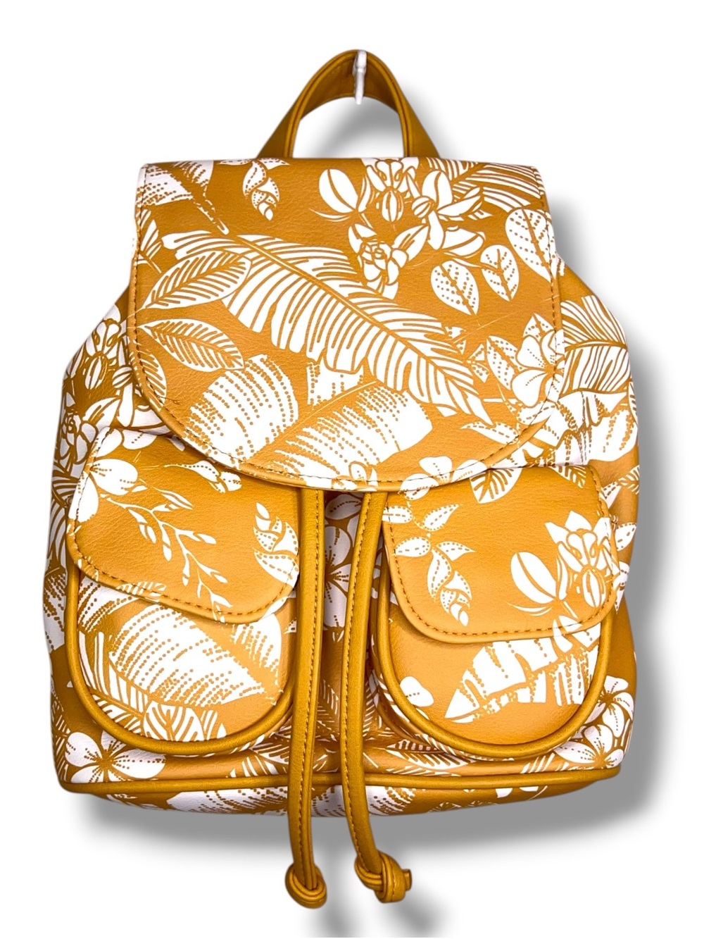 New Mustard Yellow Tropical Floral Print Small Backpack Purse Vegan Faux Leather